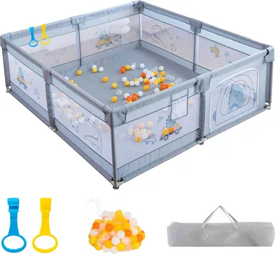 Obrázek produktu pro K IKIDO Dětská ohrádka, ohrádka, velká ohrádka, ohrádka pro batolata, bezpečnostní hřiště, 60 míčků, barevná, taška na přenášení, šedá barva