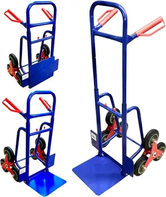 Immagine prodotto di Scala pieghevole per scale, portata massima 200 kg, carrello a sacco, verniciatura a polvere blu. Ideale per scale, logistica e trasporto. Flessibile, facile da riporre, con altezza regolabile. 6 ruote in gomma piena. Carrello a sacco pieghevole per scale