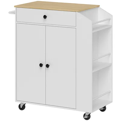 Produktbild von Weißer Küchenwagen mit Schublade, Schrankfach, Gewürzregal & Handtuchstange - 82x38x86,5cm Eichenoptik - Praktischer Rollwagen für Küche & Bad