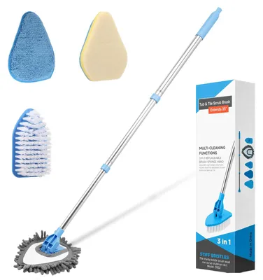 Immagine prodotto di Spazzola multifunzione 4-in-1 con asta telescopica e testine intercambiabili, ideale per la pulizia del bagno e dell'auto