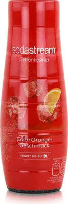 A bottle of SodaStream Cola+Orange flavored syrup with ice cubes and an orange slice.