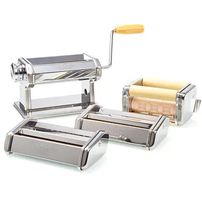 A set of stainless steel pasta and ravioli makers with a yellow handle, displayed on a white background.