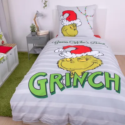 Produktbild von Grinch Bettwäsche für Weihachten Set 2-teilig - Decken- & Kissenbezug 135x200 80x80 cm - Weihnachtsbettwäsche mit Reißverschluss, Microfaser,
