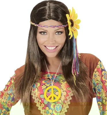 Produktbild von 70er Jahre "Hippie Girl" Perücke mit Blumen Stirnband | Braun