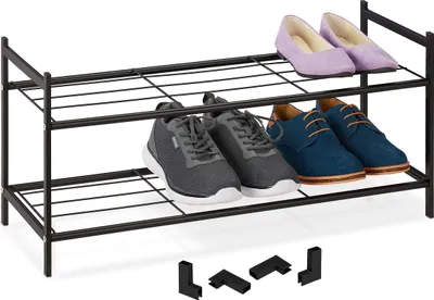 Produktbild von Relaxdays Metall Schuhregal, 2 Ebenen, stapelbar, Flur Schuhgestell HBT 33,5 x 70 x 26 cm, 6 Paar Schuhe, offen, schwarz
