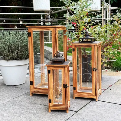 3'er XXL Design Holz-Laternen-Set Windlicht Gartenlaterne Edelstahldach