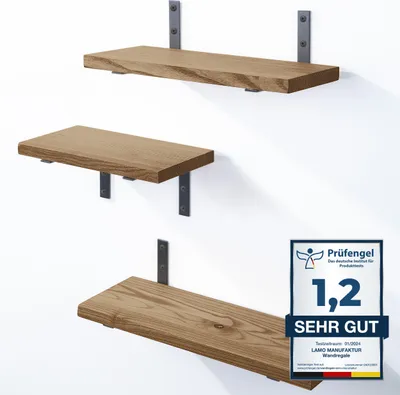 Produktbild von LAMO Manufaktur 3 Stück Wandregal Holz 40/35/30cm | Schweberegal Massiv 100% Echtholz | Hängeregal für Wohnzimmer, Schlafzimmer, Küche, Büro, Badezimmer | Wandregale SET 3 Gerade Farbe: Nussbaum