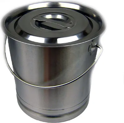A stainless steel bucket with a lid and handle, presented against a white background.