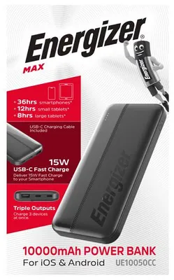 Zdjęcie produktu dla Energizer UE10050CC, 10000 mAh, Litowo-polimerowy (LiPo), 15 W, Czarny