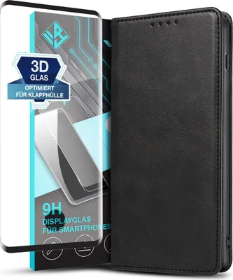 Produktbild von Handyhülle für Samsung Galaxy S10 mit 9H Displayglas Kunstleder Flip Cover Hülle Handytasche Case Kartenfach Farbe: Schwarz