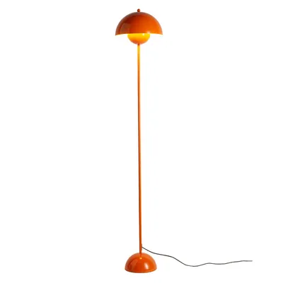 A floor lamp with an orange dome-shaped shade and a thin orange stem, standing against a white background.