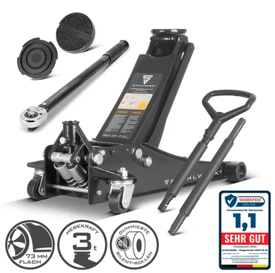 Produktbild von STAHLWERK Hydraulischer Wagenheber mit 3 t Tragkraft - extra flach, 73-500 mm Hubbereich, gummierte Long-Life-Silent-Rollen, Doppelhubkolben, Rangierwagenheber, WHB-73