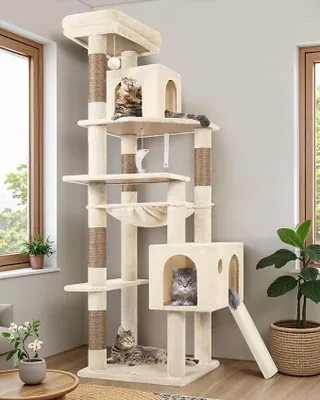 Productafbeelding van Kratzboom beige, groot, hoogte 178 cm, met grote hangmat (43 x 36 cm), 2 kattenhuisjes, beklede plateaus, sisal krabrand. Stabiele kattenboom voor 2-4 grote katten, geschikt voor binnen (F70 Pro, beige)