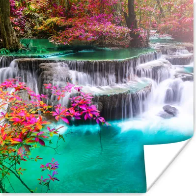 Produktbild von MuchoWow® Poster Wasserfall - Sonne - Bäume - Regenbogen - Natur 100x100 cm - Babyzimmer
