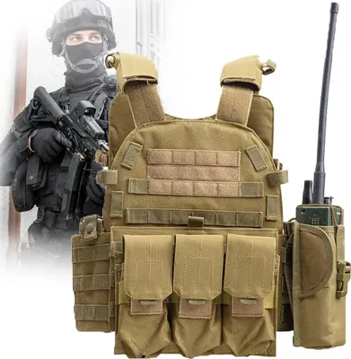 Produktbild von Linovit® Verstellbare taktische Weste, für Airsoft, Paintball, Outdoor oder Jagd, 600D Oxford-Material, MOLLE-System, mehrere Taschen, interne Vorder-/Rückentaschen für ballistische Platten, Khaki
