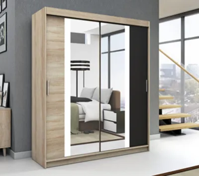 Productafbeelding van Schuifdeurenkast, 2 deuren. Moderne garderobe voor kleding. Verschillende kleuren (wit, zwart, sonoma). Kleerkast BRUNI, 160 cm