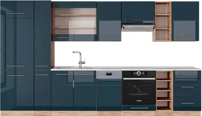 Produktbild von Küchenzeile Vicco Fame-Line Dunkelblau Hochglanz/Goldkraft Eiche 355 cm , AP Marmor, Model 49371