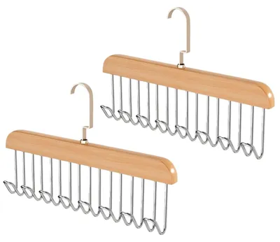 Produktbild von Gürtelhalter Krawattenhalter Kleiderschrank - Holz und Edelstahl - 360 Grad drehbar - 8 Haken - 28 x 18 x 3 cm