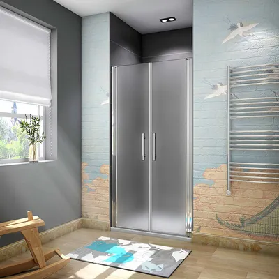 A bathroom with a shower enclosure, window, and rocking horse.