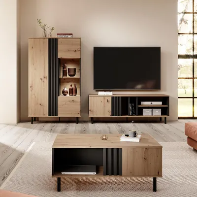 Produktbild von Wohnwand in Eiche, inkl. Couchtisch und LED-Beleuchtung, 3-teilig - MATTAWA-167