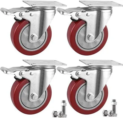 Obrázek produktu pro 4 ks přepravních koleček s brzdami, 100 mm kolečka pro těžký nábytek, otočná o 360°, nosnost až 600 kg, pro vnitřní i venkovní použití, červená (100 mm)