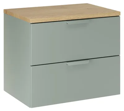 Image de Ensemble de salle de bain de 60 cm, vert, avec plan vasque en bois imitation chêne, 2 tiroirs, design moderne