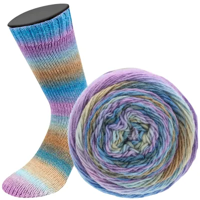 Produktbild von Lana Grossa MEILENWEIT 100 g Color Mix 4-fach Sockenwolle mit leuchtendem Farbverlauf 400 m Farbe 8002 - Graubraun/Grège/Kornblume/Flieder/Pastellblau