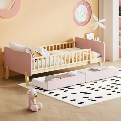 Produktbild von Flieks Kinderbett 90x190cm mit 2 Schubladen, Kinderbett mit Rausfallschutz und Lattenrost, Holzbett Einzelbett Klassisches Bett, Rosa