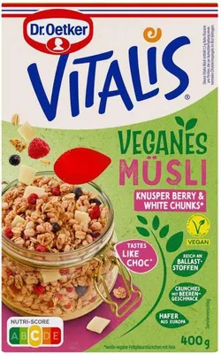 Produktbild von Dr. Oetker Vitalis Vegan Knusper Berry White Chunks Packung 400g