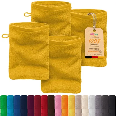 Produktbild von EllaTex PARIS 4er Set Waschhandschuhe 15x21 cm – 100% Baumwolle, 500 g/m² Frottier, Vorteilspack, in Farbe: Sonnengelb