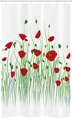 Zdjęcie produktu dla ABAKUHAUS Mohn Wąska zasłona prysznicowa, kwiaty na wiejskim tle, zestaw dekoracyjny do łazienki z tkaniny z haczykami, 120 x 180 cm, szkarłatno-zielono-biała