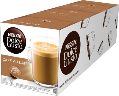 A box of Nescafé Dolce Gusto Café au Lait coffee capsules.