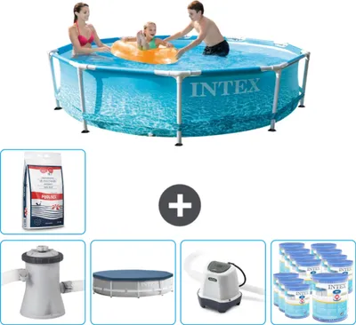Produktbild von Intex Rundrahmen-Schwimmbecken – 305 x 76 cm – Wasserdruck – inklusive Pumpe Abdeckung - Salzwassersystem - Filter - Poolsalz