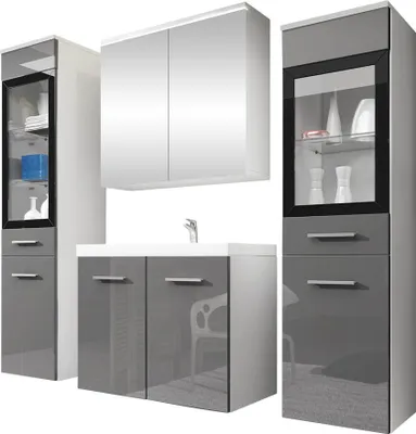 Produktbild von MIRJAN24 Badmöbel-Set Madrit II, Badezimmer-Set mit Spiegel und Waschbecken (Farbe: Weiß / Grau Hochglanz, mit Siphon, ohne Beleuchtung)