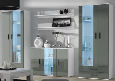Produktbild von Furniture24 Wohnwand SOHO 10 mit Blauer LED Beleuchtung, Anbauwand, Wohnzimmerschrank, Schrankwand, Vitrine, Lowboard, Hängeregal Weiß/Grau Hochglanz