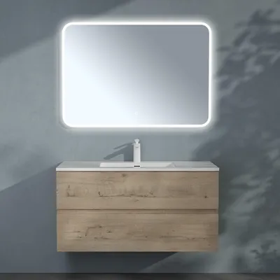 Image de doporro Meuble de Salle de Bain Suspendu 100x48x50cm Ensemble de 3 Pièces Meuble avec Lavabo Solid Surface et Led Miroir Design Aqualis