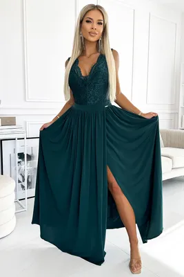 Produktbild von NUMOCO Formelles Maxikleid Modell Lea, dunkelgrün, Größe L, 95% Polyester 5% Elasthan, Spitzenausschnitt, offener Rücken, Beinschlitz, 3/4 Ärmel, für Silvester, Abschlussbälle, Hochzeiten, Karneval