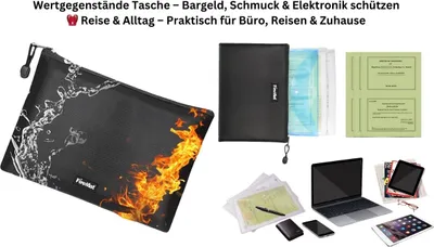 Produktbild von Feuerfeste Dokumententasche 34x25cm - Schutz von Wertsachen, Dokumenten, Handys, Pässe, Geld, Wertpapier uvm.. Wasserabweisend und Hitzebeständig