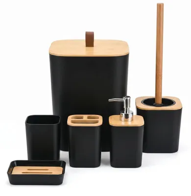 Produktbild von 6-teiliges Badezimmer-Accessoires-Set Bambus - s Badezimmer-Set in Schwarz
