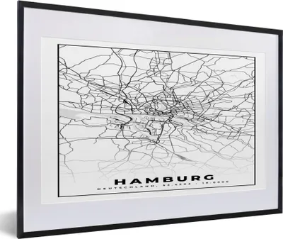 Produktbild von MuchoWow® Gerahmtes Poster Hamburg - Karte - Stadtplan 60x40 cm - Poster mit Schwarzem Bilderrahmen Wandposter Rahmen Foto Bilder - Schlafzimmer - Plakat in Rahmen - Drucken