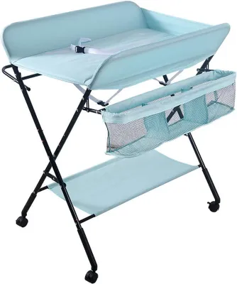 Image de Table à langer pour bébé - Commode pour bébé - Soins pour bébé à domicile - Pliable et mobile - Hauteur : 98 cm - Beige et jaune