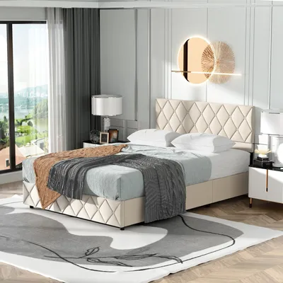 Obrázek produktu pro MODFU Čalouněná postel Boxspring hydraulická 140 × 200 cm s čelem (knoflíková dekorace), funkční polstrovaná postel s lamelovým roštem z dřeva a kovu, Manželská postel s úložným prostorem, samet béžový (bez matrace)