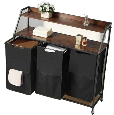 Zdjęcie produktu dla Sortownik na pranie, wykonany z tkaniny Oxford 600D, wymiary: 81 x 46 x 86 cm, 3 przegródki, rama metalowa, półka drewniana