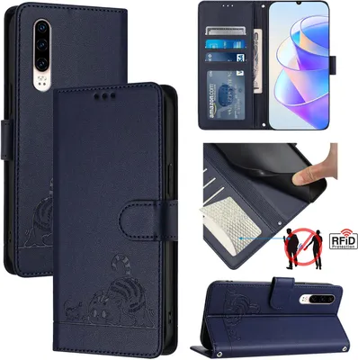 Produktbild von Leder Hülle für Huawei P30 Süße Katze Flip Case Brieftasche Schutzhülle mit Standfunktion Blau