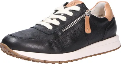 A single black sneaker with tan accents and white laces is shown against a white background.