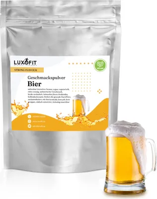 A silver pouch of beer flavored powder is shown next to a glass of beer.