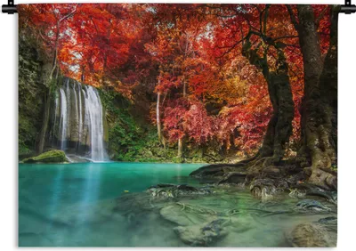 Produktbild von MuchoWow® Wandteppich Wandbehang Wasserfall - Baum - Rot - Herbst - Wasser 150x112.50 cm Tapisserie Dekoration Wandtuch - Wanddecke - Wandteppiche