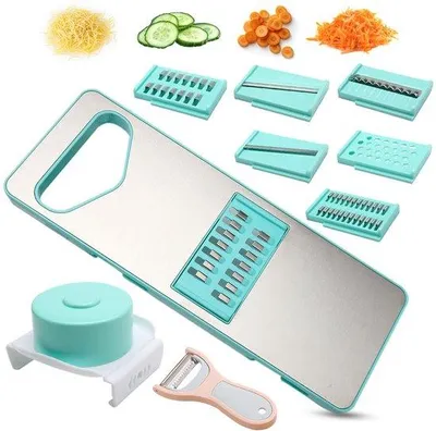 Immagine prodotto di Ibenzoa® Tagliapane per verdure 8-in-1 con funzione grattugia – 6 lame, sbuccia-melone 2-in-1, acciaio inossidabile e ABS senza BPA, protezione per le mani, lavabile in lavastoviglie