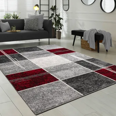 Produktbild von Designer Teppich Kariert Kurzflor Marmor Optik Meliert Modern Grau Schwarz Rot Grösse 60x100 cm