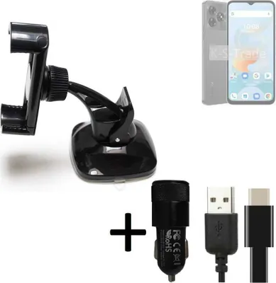Produktbild von K-S-Trade Handy-Halterung kompatibel mit UMIDIGI G5A Windschutzscheibe / Armaturenbrett + LADEGERÄT mit Mico USB Kabel Autohalterung
